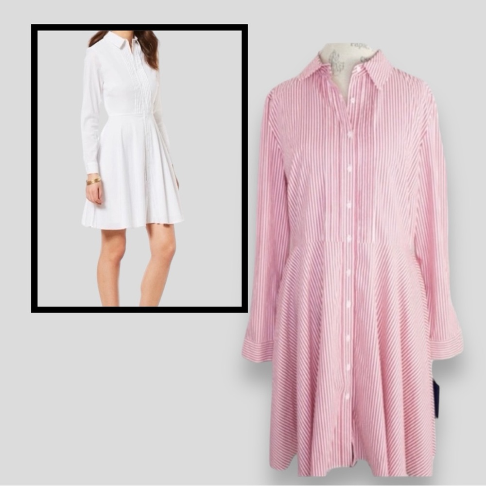 Cremieux Emily Red and White Stripe Pin-tuck Button Down Shirt Dress